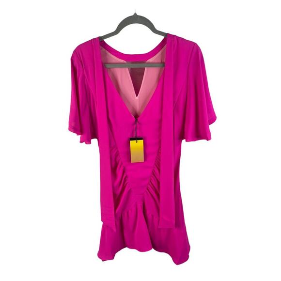 Le Superbe Waikiki Ruched Ruffle Mini Dress Keyhole Neck Flutter Sleeve Pink 2 - Picture 6 of 16